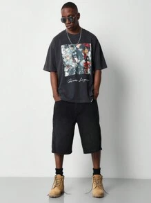 SUMWON Regular Fit Short Sleeve Washed Tee With Anime Graphics Print - Black - View 4