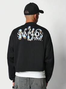 SUMWON Designer Cropped Sweatshirt Liquid Chrome Print Streetwear Urban Style Fall Winter Collection Relaxed Fit Premium Cozy Essential - Black - View 1