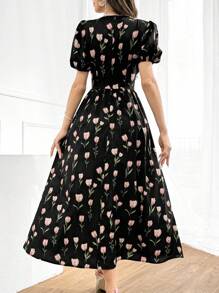 Modelyn 花卉郁金香印花泡泡袖褶皱腰优雅连衣裙，非常适合海滩/休闲/度假/晚会或任何其他正式场合 - 黑色 - 查看 6