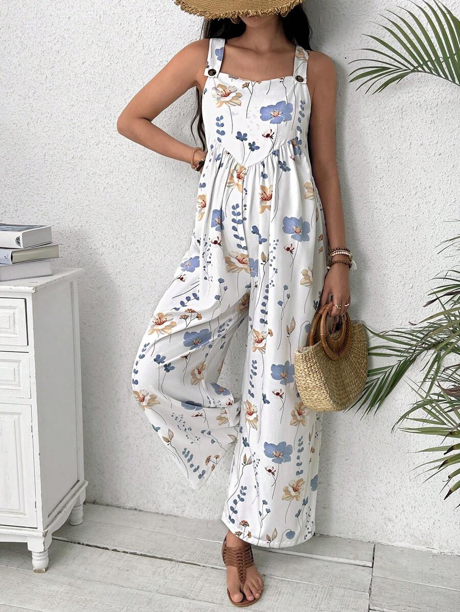 SHEIN Maternity Floral Print Wide Leg Jumpsuit - White - View 1