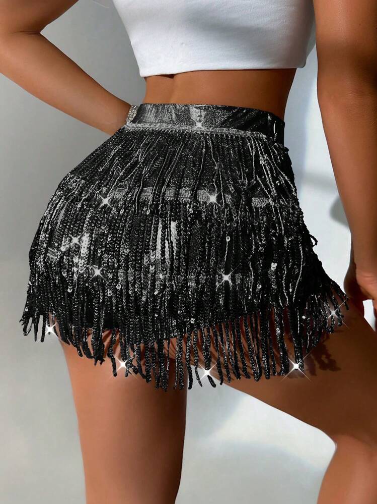 VaVaBold Shorts simples diários femininos com decoração de lantejoulas para roupas de festa de férias - Preto - Visão 2