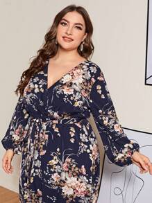 Lacomfia Plus Lantern Sleeve Belted Botanical Print Dress