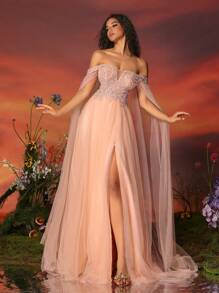 女士莲花粉珍珠露肩薄纱晚礼服优雅长袖正式舞会婚礼宾客礼服，适合毕业典礼、晚宴 - 藕粉色 - 查看 2