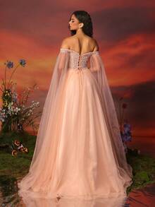 女士莲花粉珍珠露肩薄纱晚礼服优雅长袖正式舞会婚礼宾客礼服，适合毕业典礼、晚宴 - 藕粉色 - 查看 3