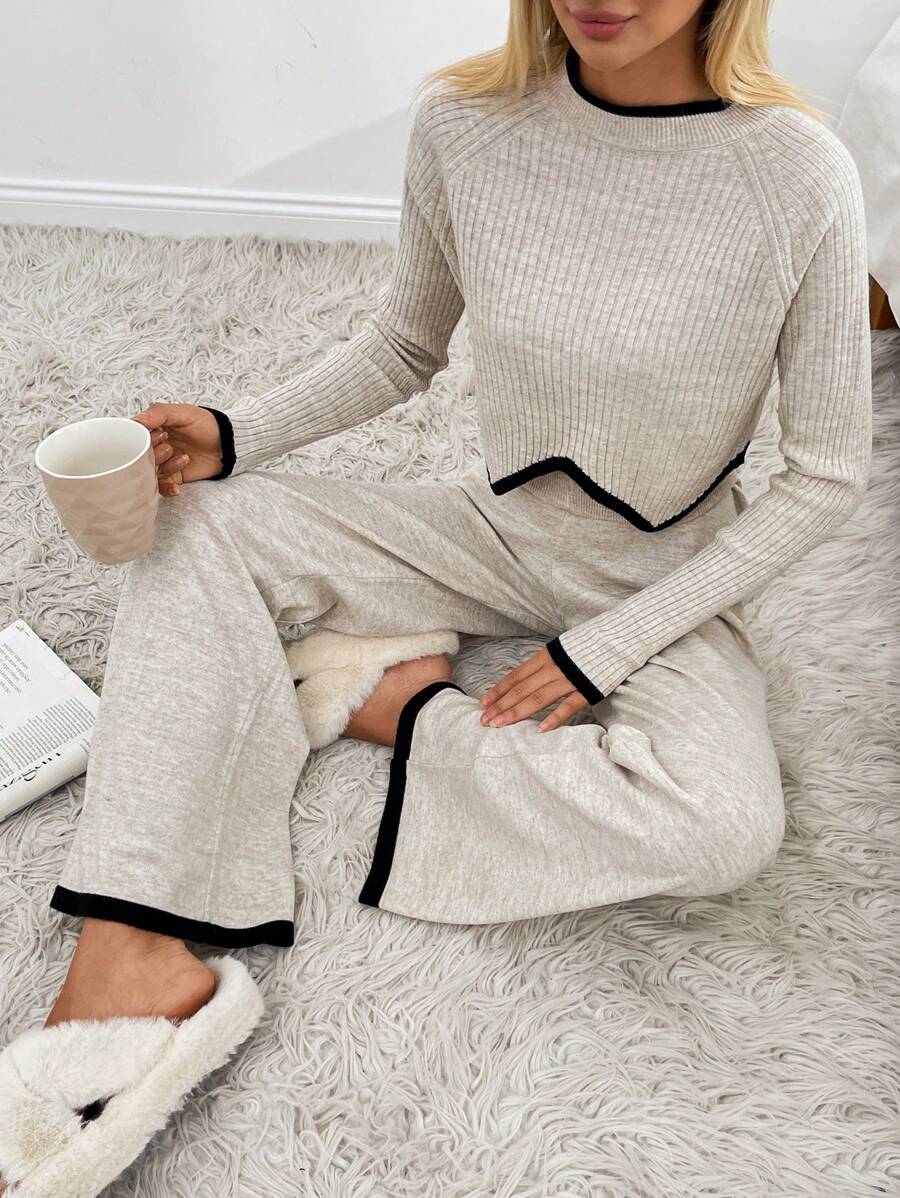 RueChic Women Rib Knit Asymmetrical Hem Sweater & Sweater Pants Set - Beige - View 1