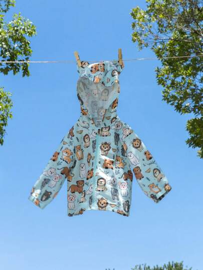 SHEIN Veste à capuche zippée à manches longues pour bébés garçons, tissé, simple, à la mode, mignon, imprimé d'animaux, décontracté, pour le printemps et l'automne