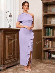 Diagonal Shoulder Sexy Off-The-Shoulder Pleated Slit Ruffled Skirt Dress Elegant Cocktail Semi Formal Wedding Guest Dress, For Birthday, Graduation, Dinner, Homecoming