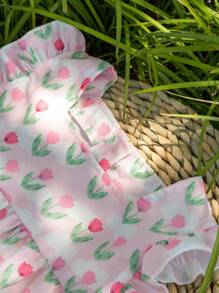 Conjunto para bebé niña con estampado floral con ribete de volantes en la parte superior y shorts - Rosa - Ver 7