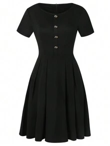 Women Vintage Swing Dress With Contrast Pockets And Black Button Decoration - Black - View 3