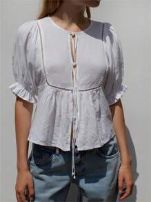 SHEIN BAE 綁帶前褶皺泡泡袖荷葉腰襯衫 - 白色 - 查看 3