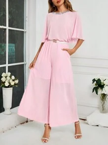 SHEIN Clasi Women's Comfortable Round Neck Glitter Jumpsuit With Wide Leg Pants, 2pcs/Set - Pink - View 3