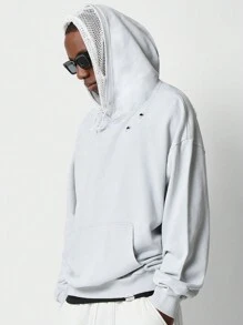 SUMWON Áo hoodie oversize lót lưới cao cấp với chi tiết cũ kỹ, áo nỉ cotton pha trộn dày dặn, phong cách đường phố đô thị, thu đông, thường ngày - Xám - Xem 1
