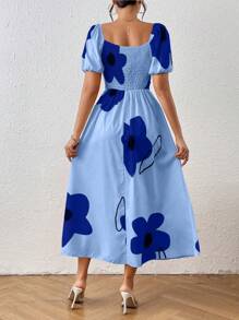 Chiquease Vestido maxi con estampado floral, hombros descubiertos, nudo en el frente y abertura en el muslo para mujeres - Azul - Ver 2
