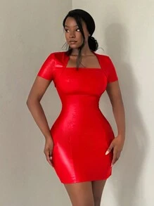 SHEIN SXY 短袖公主領高彈性PU裙 - 紅色 - 查看 4