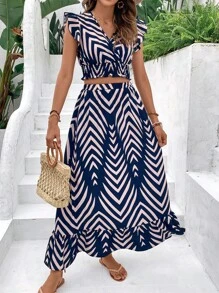 SHEIN Clasi Women's Off-Shoulder Top With Ruffled Trim And Skirt Set - Multicolor - View 6