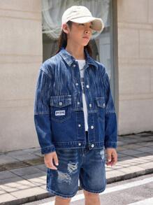Adolescenți băieți mediu spălat albastru elegant mozaic simplu jachetă de jeans