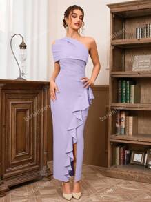 Diagonal Shoulder Sexy Off-The-Shoulder Pleated Slit Ruffled Skirt Dress Elegant Cocktail Semi Formal Wedding Guest Dress, For Birthday, Graduation, Dinner, Homecoming