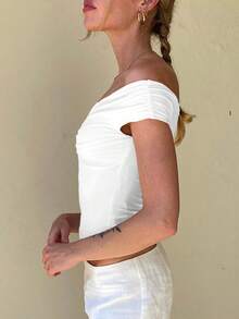 Mystra Women's Fashion V-Neck Off Shoulder Pleated Fitted Blouse - White - View 6