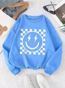 INAWLY Sudadera de hombros caídos con estampado de cara de dibujos animados, blusas sueltas de manga larga con cuello redondo, casuales para primavera/otoño para mujeres, pulóveres azules de hombros caídos, blusas de manga larga