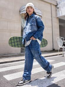 Teen Boys' Medium Washed Blue Spray Painted Denim Long Sleeve Top And Straight Leg Jeans Set - Medium Wash - View 9