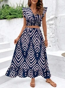 SHEIN Clasi Women's Off-Shoulder Top With Ruffled Trim And Skirt Set - Multicolor - View 1