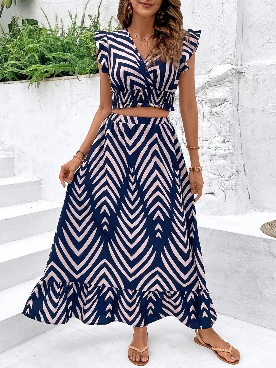 SHEIN Clasi Women's Off-Shoulder Top With Ruffled Trim And Skirt Set - Multicolor - View 1