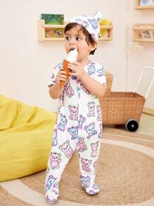 SHEIN Baby Boys' Cute Animal Print Short Sleeve Footie Pajamas - White - View 5