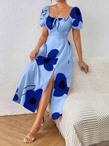 Chiquease Vestido maxi con estampado floral, hombros descubiertos, nudo en el frente y abertura en el muslo para mujeres - Azul - Ver 5