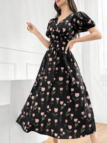 Modelyn 花卉郁金香印花泡泡袖褶皱腰优雅连衣裙，非常适合海滩/休闲/度假/晚会或任何其他正式场合 - 黑色 - 查看 5