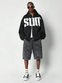 SUMWON 超大全拉链连帽衫，正面带有喷漆效果标志，都市街头时尚设计，运动休闲冬季外套，涂鸦风格，个性单品