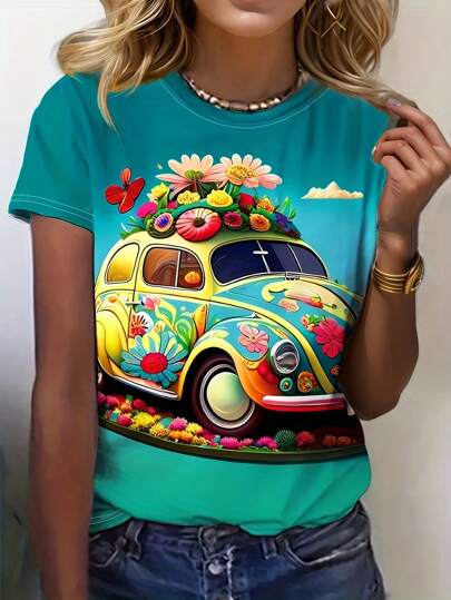 INAWLY Summer Round Neck Car Print Tee Graphic Tees Women Tops