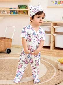 SHEIN Baby Boys' Cute Animal Print Short Sleeve Footie Pajamas - White - View 1