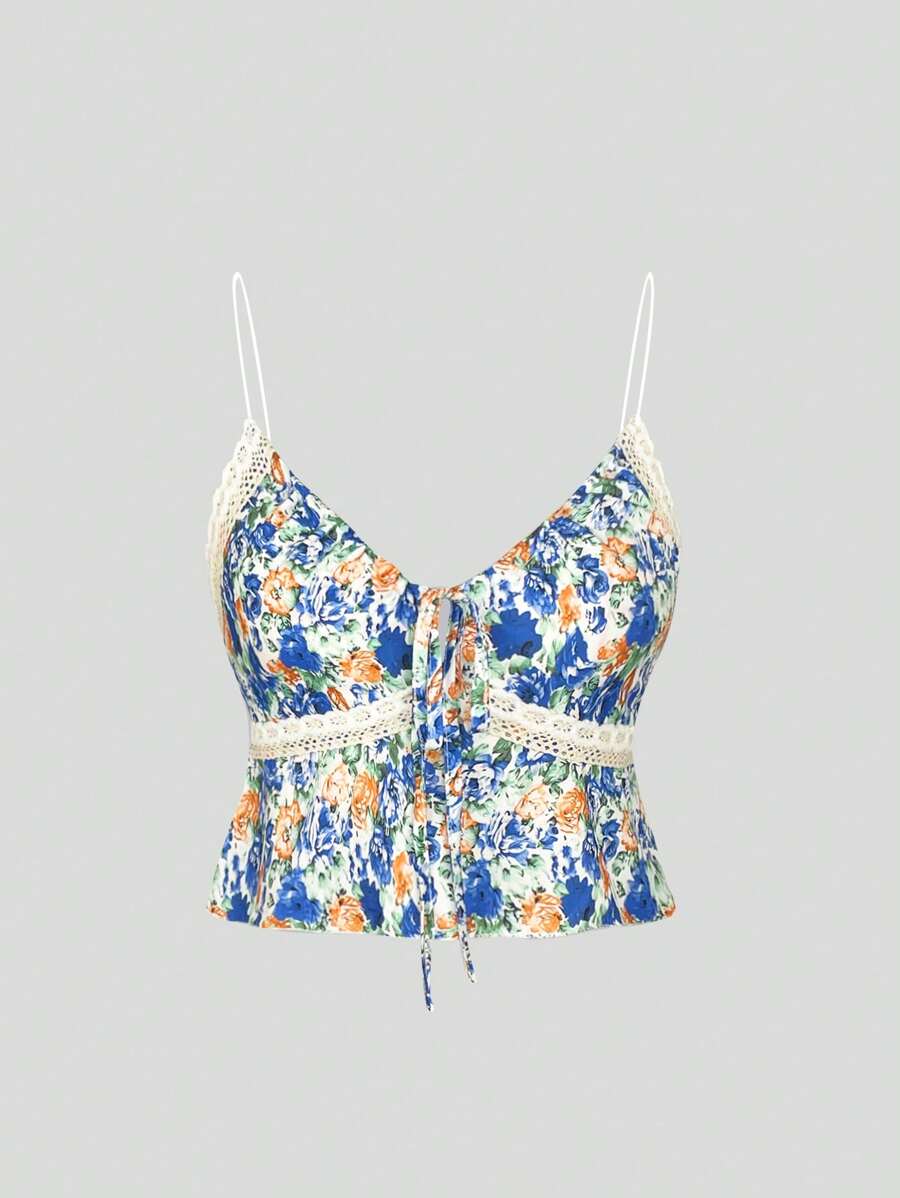 Sweetra Ditsy Floral Lace Trim Cami Top - Multicolor - View 1
