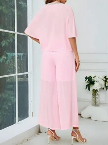 SHEIN Clasi Women's Comfortable Round Neck Glitter Jumpsuit With Wide Leg Pants, 2pcs/Set - Pink - View 4