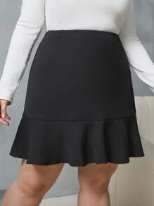 RueChic Plus High Waist Ruffle Hem Skirt - Black - View 5