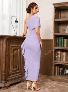 Diagonal Shoulder Sexy Off-The-Shoulder Pleated Slit Ruffled Skirt Dress Elegant Cocktail Semi Formal Wedding Guest Dress, For Birthday, Graduation, Dinner, Homecoming