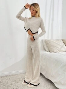 RueChic Women Rib Knit Asymmetrical Hem Sweater & Sweater Pants Set - Beige - View 7