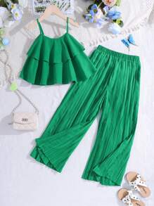 適合青少女的運動休閒春夏套裝：編織純色背心上衣配高壓折疊長褲 - 綠色 - 查看 6