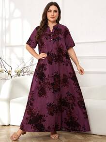 Al Najma Vestido floral con cuello en pico, vestido holgado de manga corta tipo maxi jalabiya casual como ropa de estar en casa