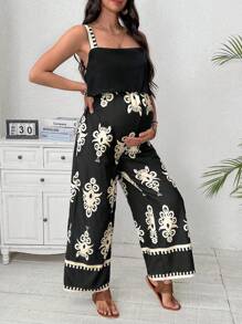 SHEIN Maternity Random Printed Strap Jumpsuit - Black - View 4