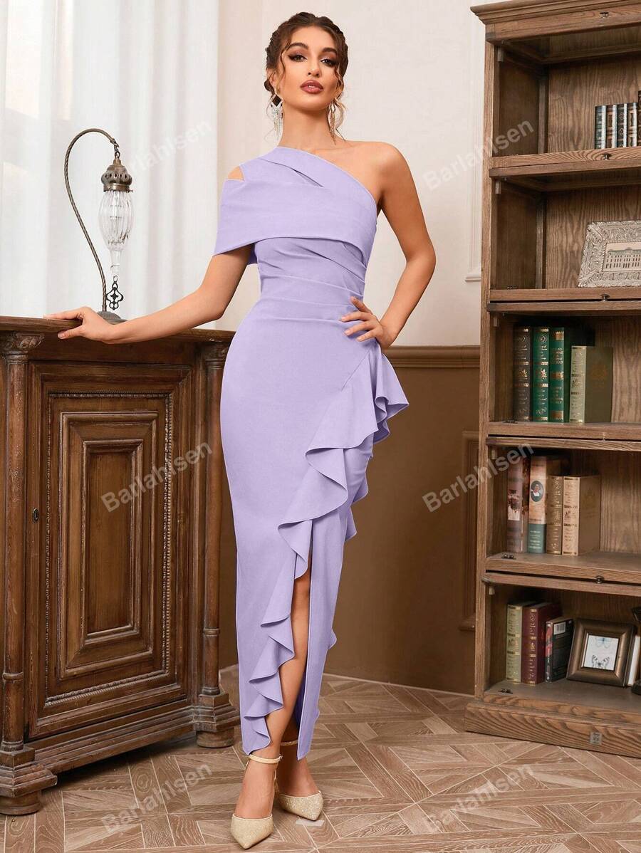 Diagonal Shoulder Sexy Off-The-Shoulder Pleated Slit Ruffled Skirt Dress Elegant Cocktail Semi Formal Wedding Guest Dress, For Birthday, Graduation, Dinner, Homecoming