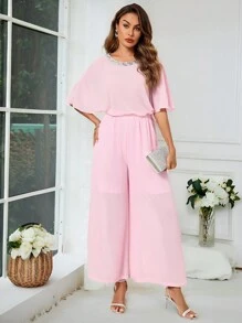 SHEIN Clasi Women's Comfortable Round Neck Glitter Jumpsuit With Wide Leg Pants, 2pcs/Set - Pink - View 2