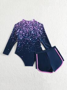 年轻女孩闪光印花前拉链长袖休闲泳衣，海滩度假 - 藏蓝色 - 查看 2