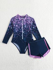 年轻女孩闪光印花前拉链长袖休闲泳衣，海滩度假 - 藏蓝色 - 查看 4