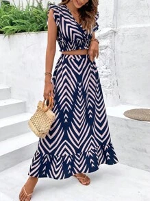 SHEIN Clasi Women's Off-Shoulder Top With Ruffled Trim And Skirt Set - Multicolor - View 3