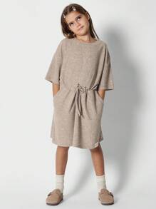 SUMWON Tween Girls Tee Dress With Tie Waist Detail - Camel - View 1