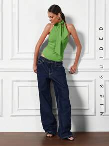 MISSGUIDED Mono elegante de cuello halter con detalles de lazo, de ajuste ceñido y elástico, para fiestas y celebraciones temáticas del Día de San Patricio, con diseño de amuleto de la suerte
