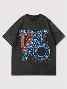 Rosie Artist Men's 1776 Printed Short Sleeve Washed Distressed Snowflake T-Shirt, High Street Vintage, Graphic Tee For Summer, Holiday, Spring, Festival - Black - View 1