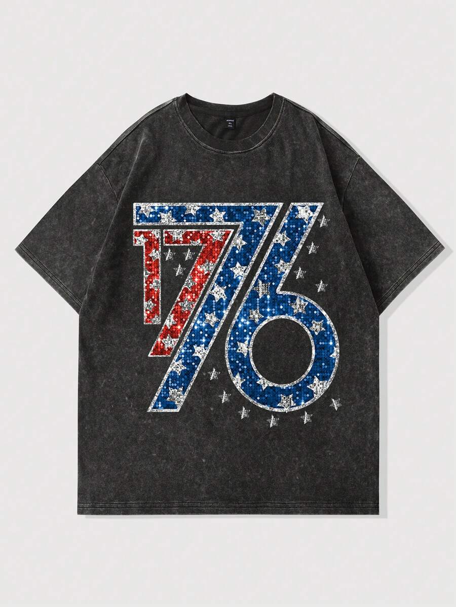 Rosie Artist Men's 1776 Printed Short Sleeve Washed Distressed Snowflake T-Shirt, High Street Vintage, Graphic Tee For Summer, Holiday, Spring, Festival - Black - View 1
