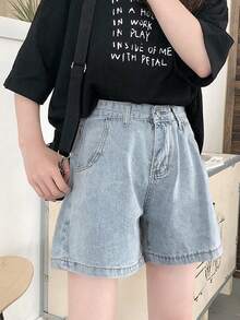 Solid Wide Leg Denim Shorts - Light Wash - View 4